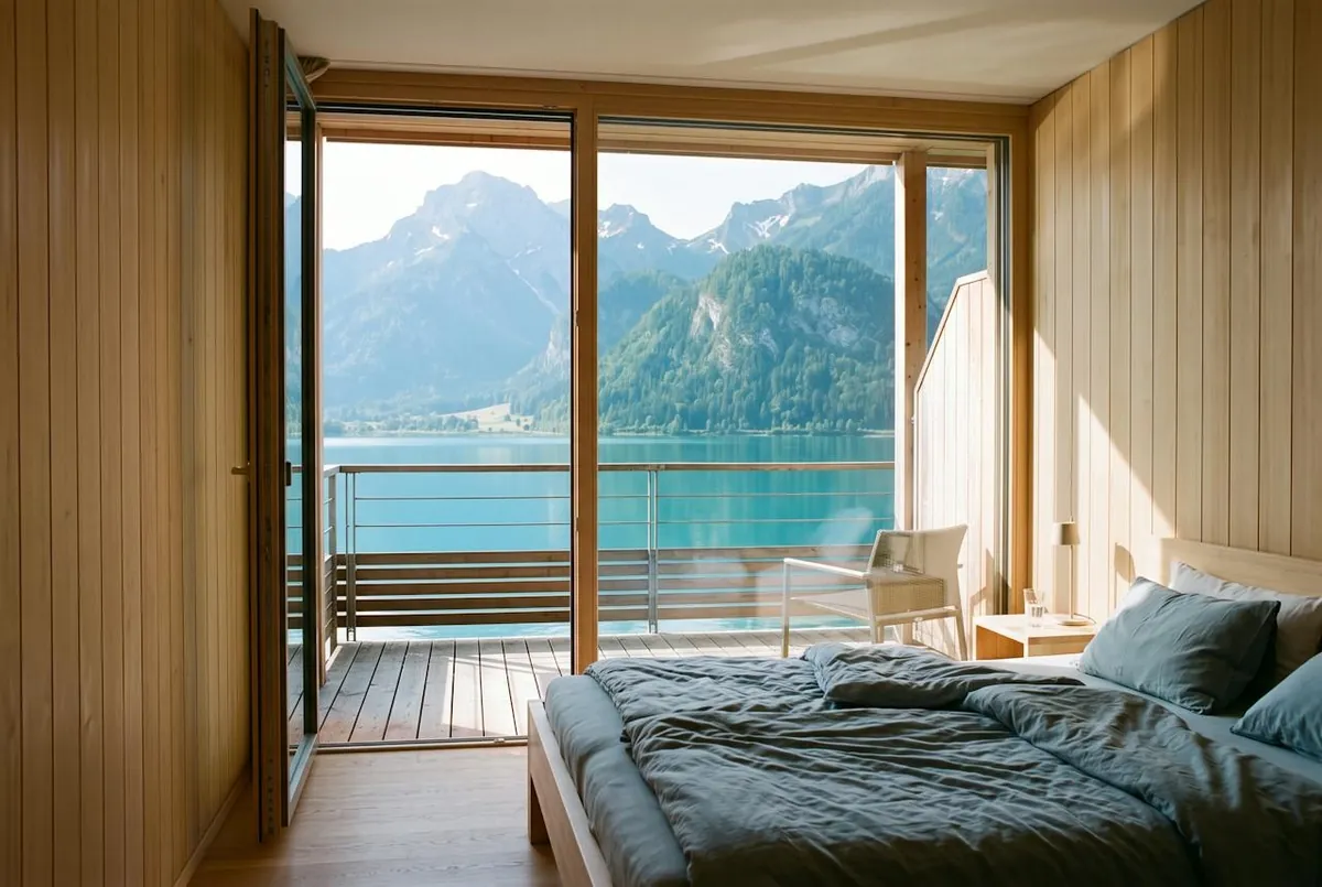 Chambre Balcon sur le lac — la chambre Balcon, ses murs en bois clair et sa baie vitrée ouverte sur le lac