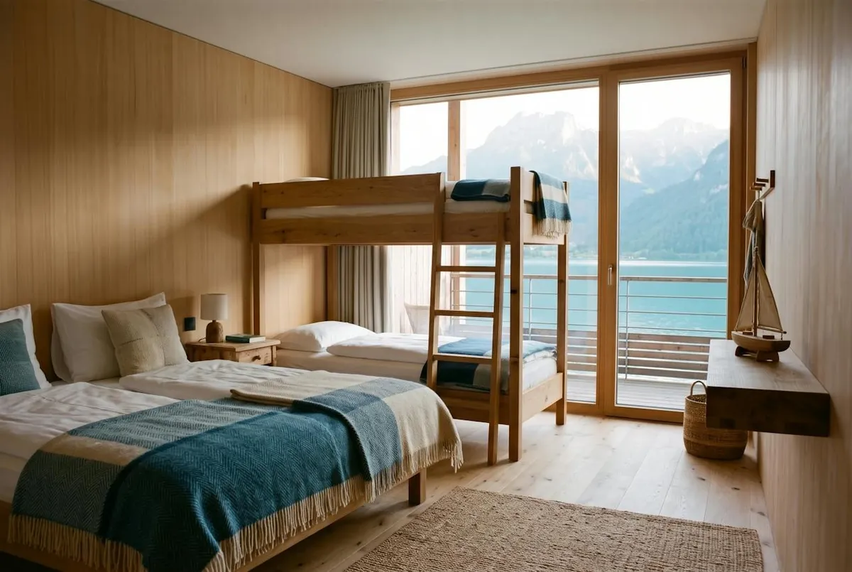 Chambre familiale — la chambre familiale : un lit double, des lits superposés en bois et une baie vitrée sur le lac