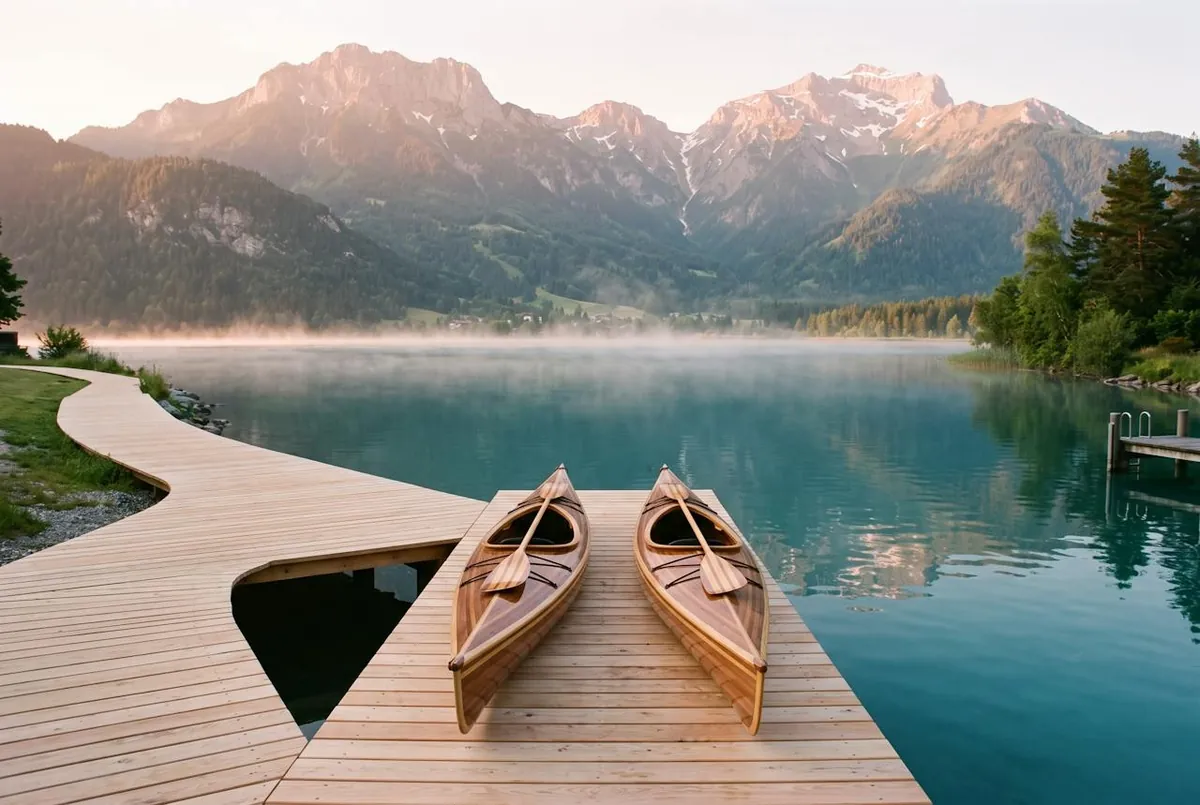 les kayaks sur le ponton, au lever du jour