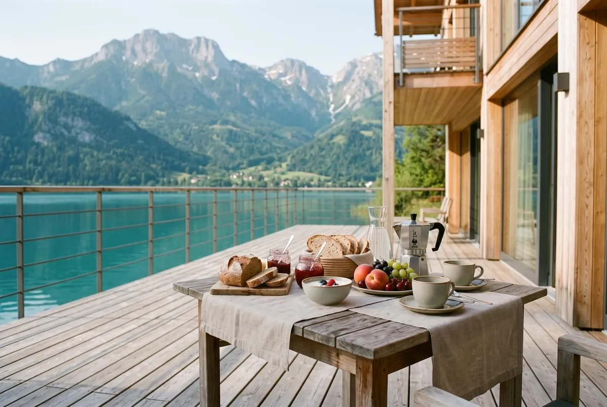 Le petit-déjeuner sur la terrasse — le petit-déjeuner sur la terrasse, face au lac