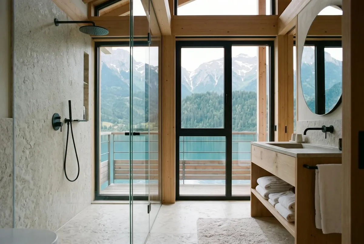 Suite Panorama — une salle de bain de la maison : douche, vasque sur meuble en bois et baie sur le lac
